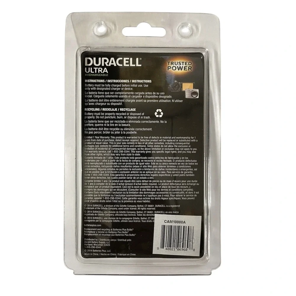 Duracell Ultra Rechargeable Digital Camera Camcorder Battery CAM 10000‎ A